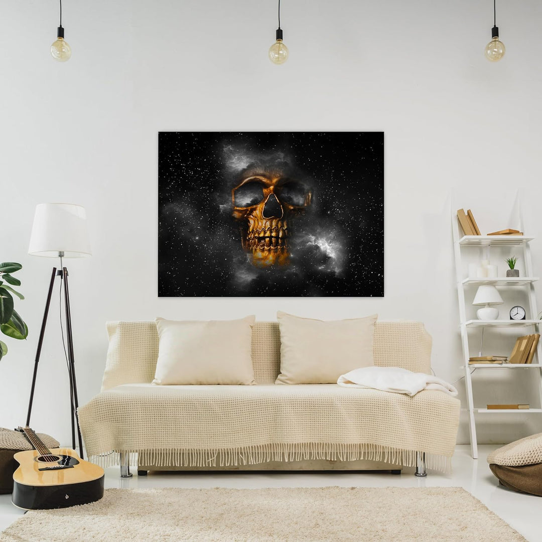 wandmotiv24 Leinwand-Bilder Totenköpfe, Grösse 60x45cm, Querformat, Totenkopf in Gold, Knochen, Welt