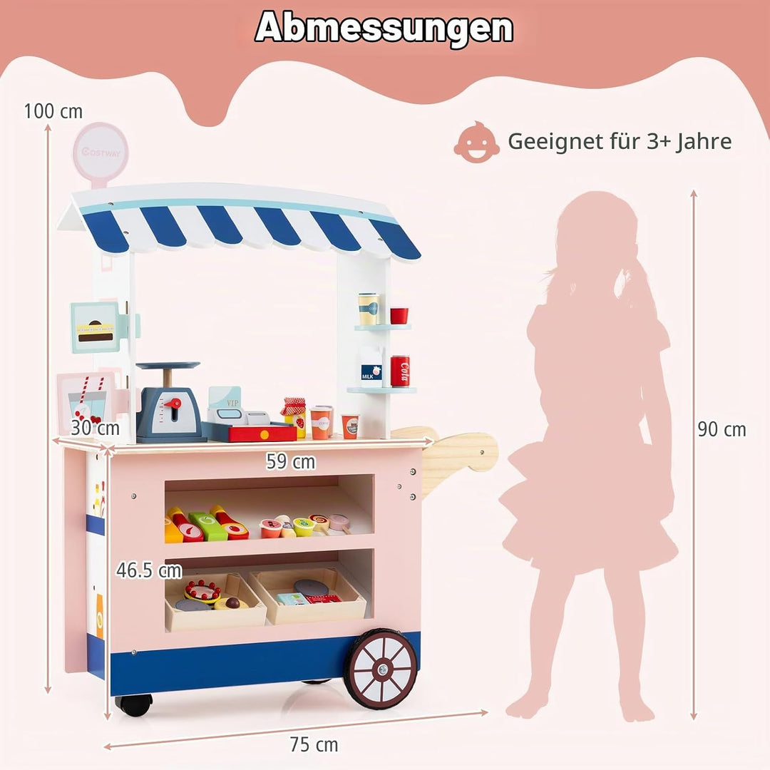 HOMASIS Kaufladen Kaufmannsladen Holz mit 30 Spielzubehör, Verkaufsstand Supermarkt-Set mit 3 Rädern
