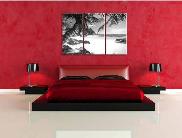 Pixxprint Palmenstrand Seychellen Kunst / 3-Teilig/Gesamtmass 120cm Leinwandbild bespannt auf Holzra