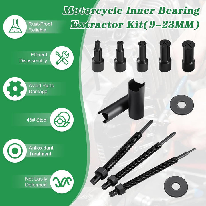 12PCS Motorcycle Inner Bearing Puller Kit, 5 Collets 9-23mm, Blind Hole Bearing Removal Tool Set wit