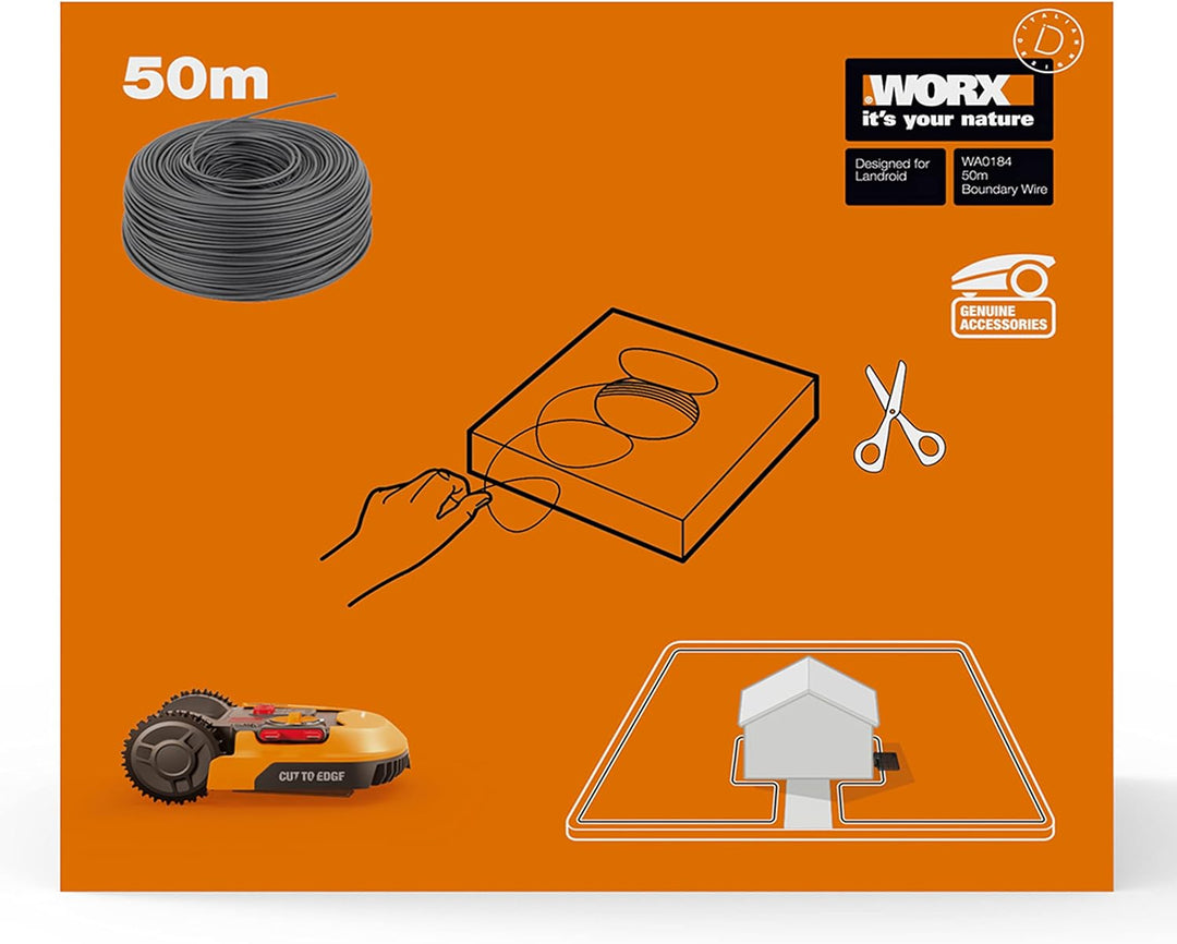 WORX WA0184 Begrenzungsdraht für Landroid Mähroboter – 50m stabiles Begrenzungskabel zum Eingrenzen