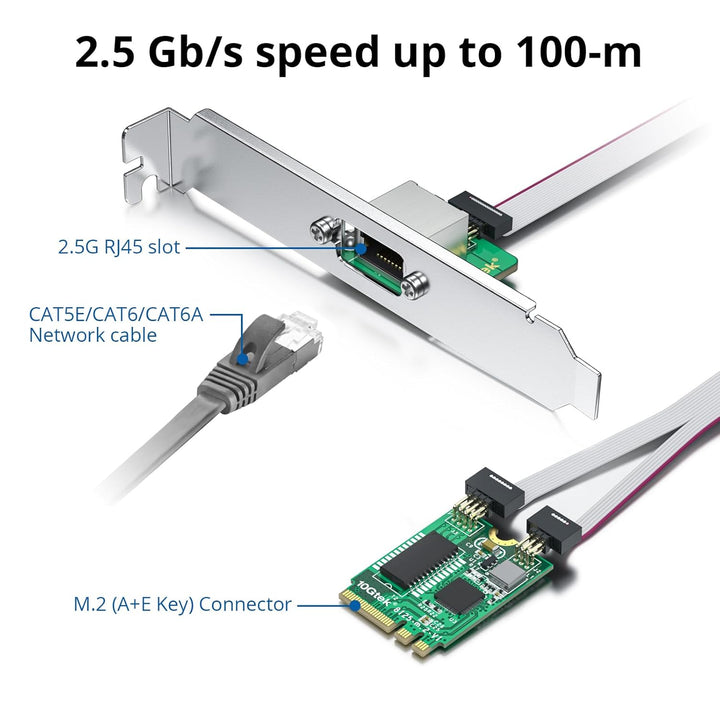 10Gtek M.2 A+E Key 2.5G Gigabit Ethernet Network Card, 18-cm Cable Length 2.5G(M.2 A+E Key) 1-RJ45,
