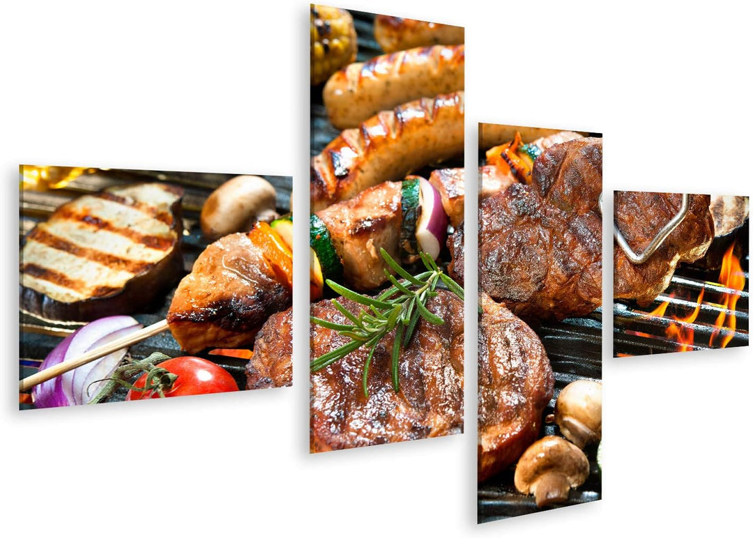 islandburner Bild auf Leinwand Grill Fleisch Wurst Gemüse Grillzange Bilder Wandbilder Poster Leinwa