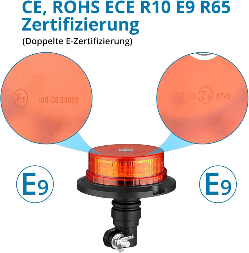 AUTOUTLET Rundumleuchte, 12 LED Amber Warnleuchte Warnlicht mit 3 Blitzmuster 10V-30V, ECE R65 R10 E