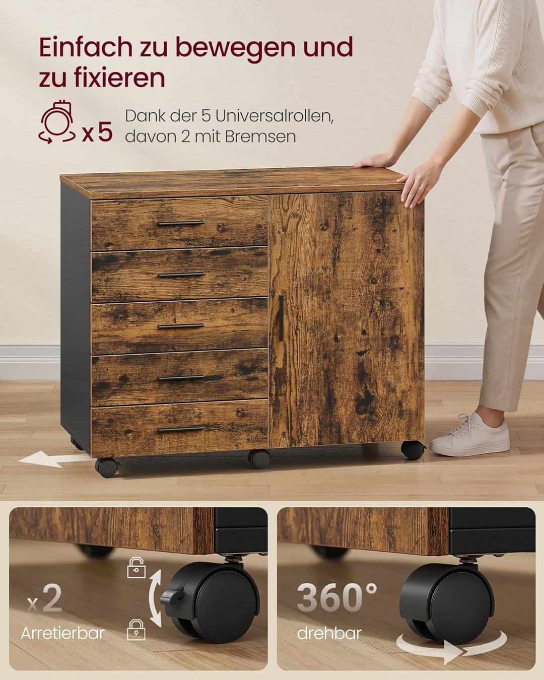 VASAGLE Rollcontainer, mobiler Aktenschrank, Schubladenschrank, Schrank mit Tür, Druckerständer mit