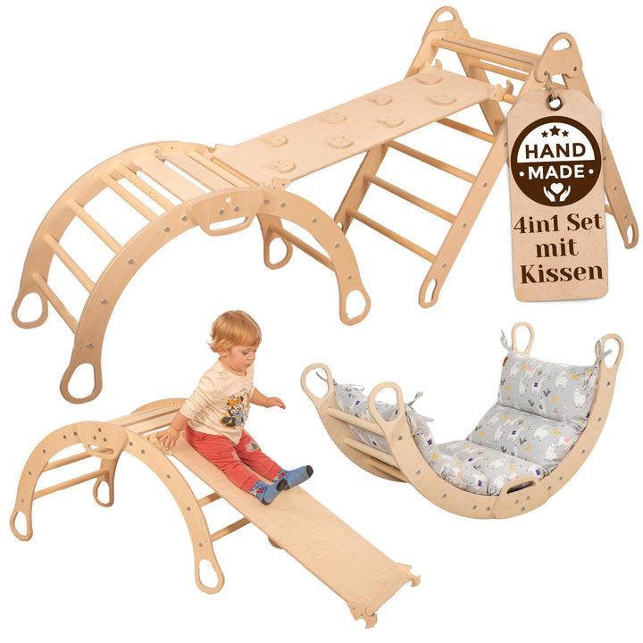 WoodsCraft 4in1 Set: Grosse Kletterbogen mit Kissen & Kletterdreieck mit 2in1: Rutsche Indoor/Klette