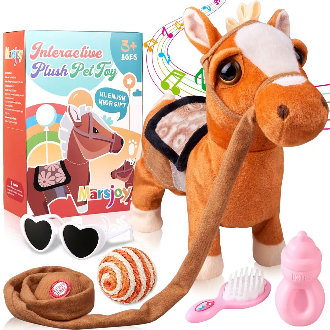 Marsjoy Braun Plüschtier Interaktives Pony Spielzeug Pferd der Läuft und Bellt, Kinder Mädchen Spiel