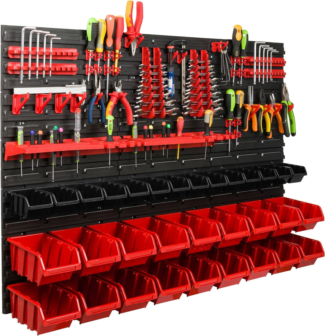 Lagersystem Werkstattregal | 117 x 78 cm | 32 stck. Box | Wandregal mit Werkzeughalterungen und Stap