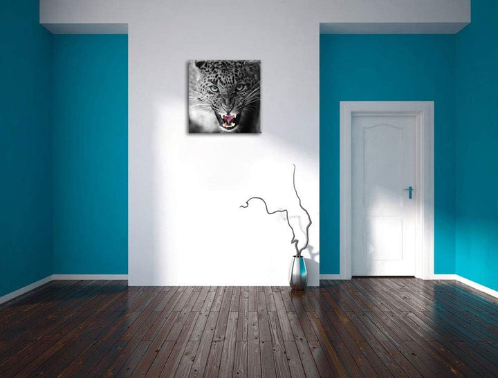 Pixxprint schöner fauchender Leopard als Leinwandbild | Grösse: 70x70 cm | Wandbild | Kunstdruck | f