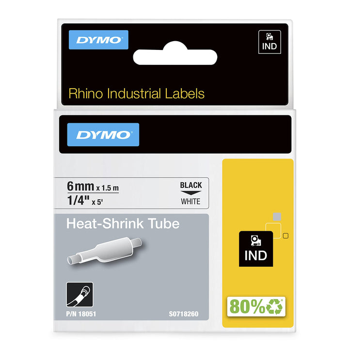 DYMO Rhino Industrie Schrumpfschlauch-Kabeletiketten | 6 mm1,5 m | Schwarz auf weiss | für DYMO Rhin