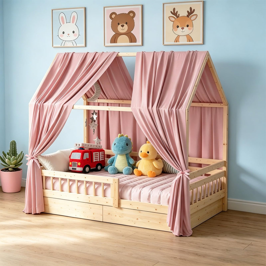 Hausbett Himmel, Betthimmel Hausbett Musselin mit 2 Stück Betthimmel, Stoffhimmel, Baldachin Kinderz