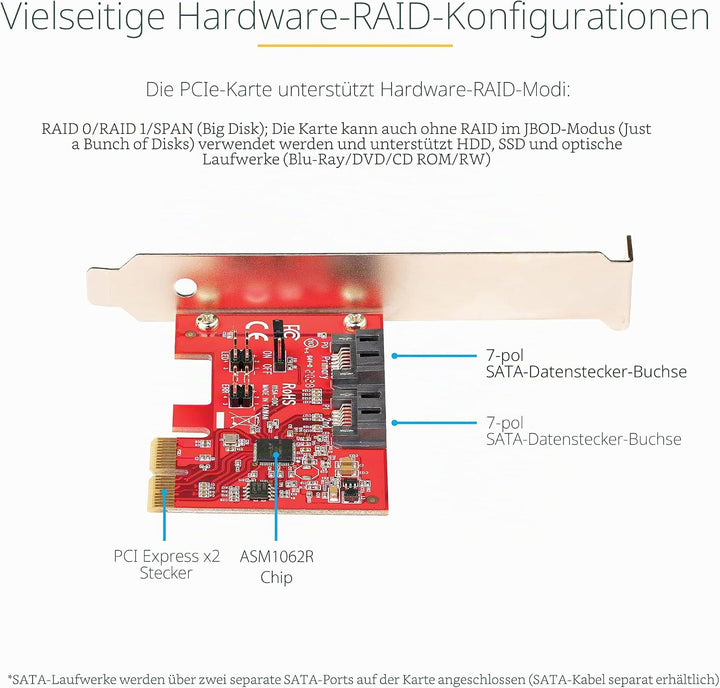 StarTech.com 2 Port PCIe SATA RAID Kontroller - PCIe SATA Hardware RAID Controller - PCIe Festplatte