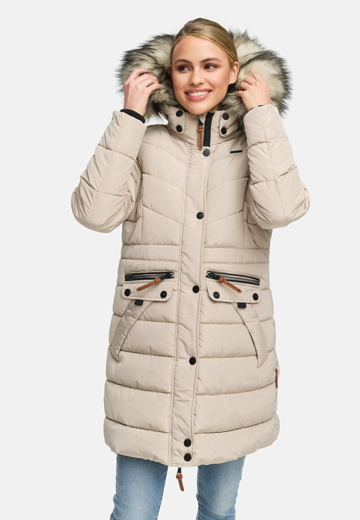 Navahoo Damen Wintermantel warmer Steppmantel lang mit abnehmbarer Kunstfell-Kapuze Paula XS-5XL S L