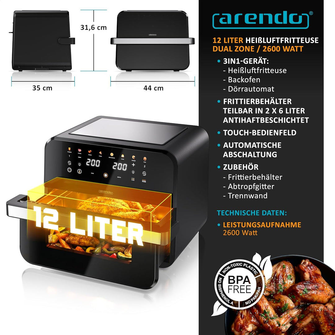 Arendo - Heissluftfritteuse XXL 12 Liter - 2 Kammern / 1 Kammer Match Funktion - extra Gross - Backo