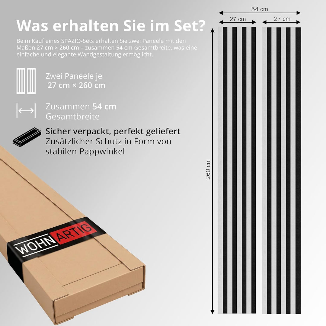 wohnartig® Akustikpaneele SPAZIO 1,404m² – 260cm x 54cm* Set – (Set = 2Stück 260cm x 27cm) | Farbe:
