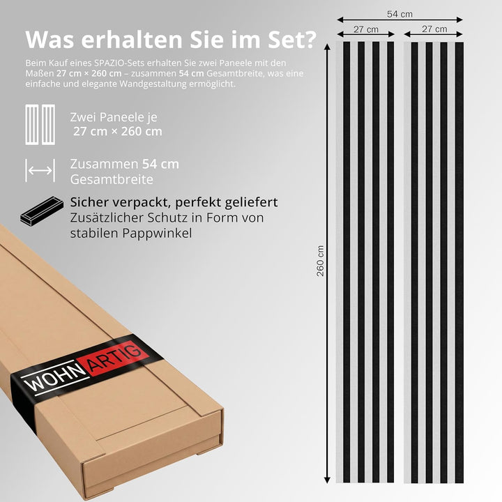 wohnartig® Akustikpaneele SPAZIO 1,404m² – 260cm x 54cm* Set – (Set = 2Stück 260cm x 27cm) | Farbe: