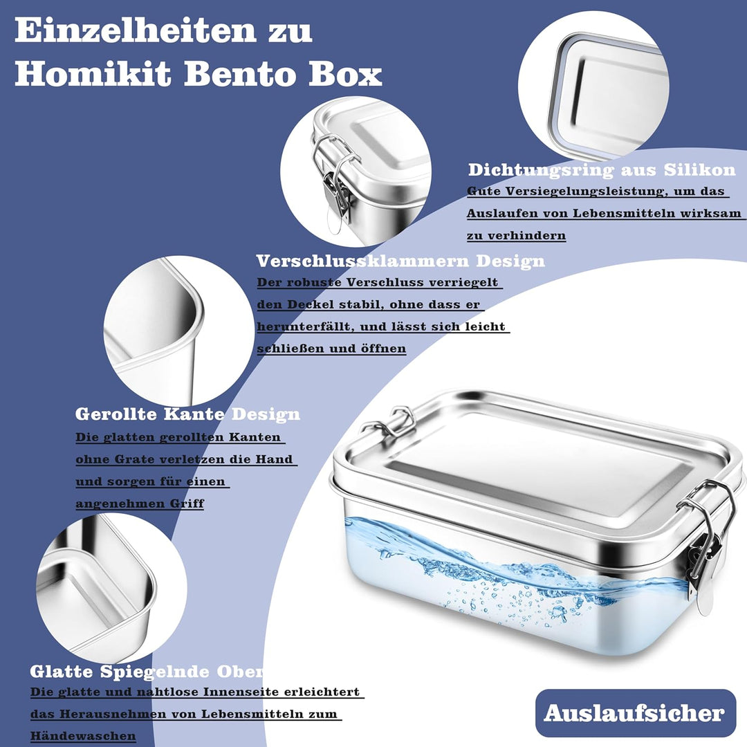 Homikit Brotdose mit Fächern, 1400ml Edelstahl Bento Box Lunchbox | für Kinder &amp; Erwachsene, Auslauf
