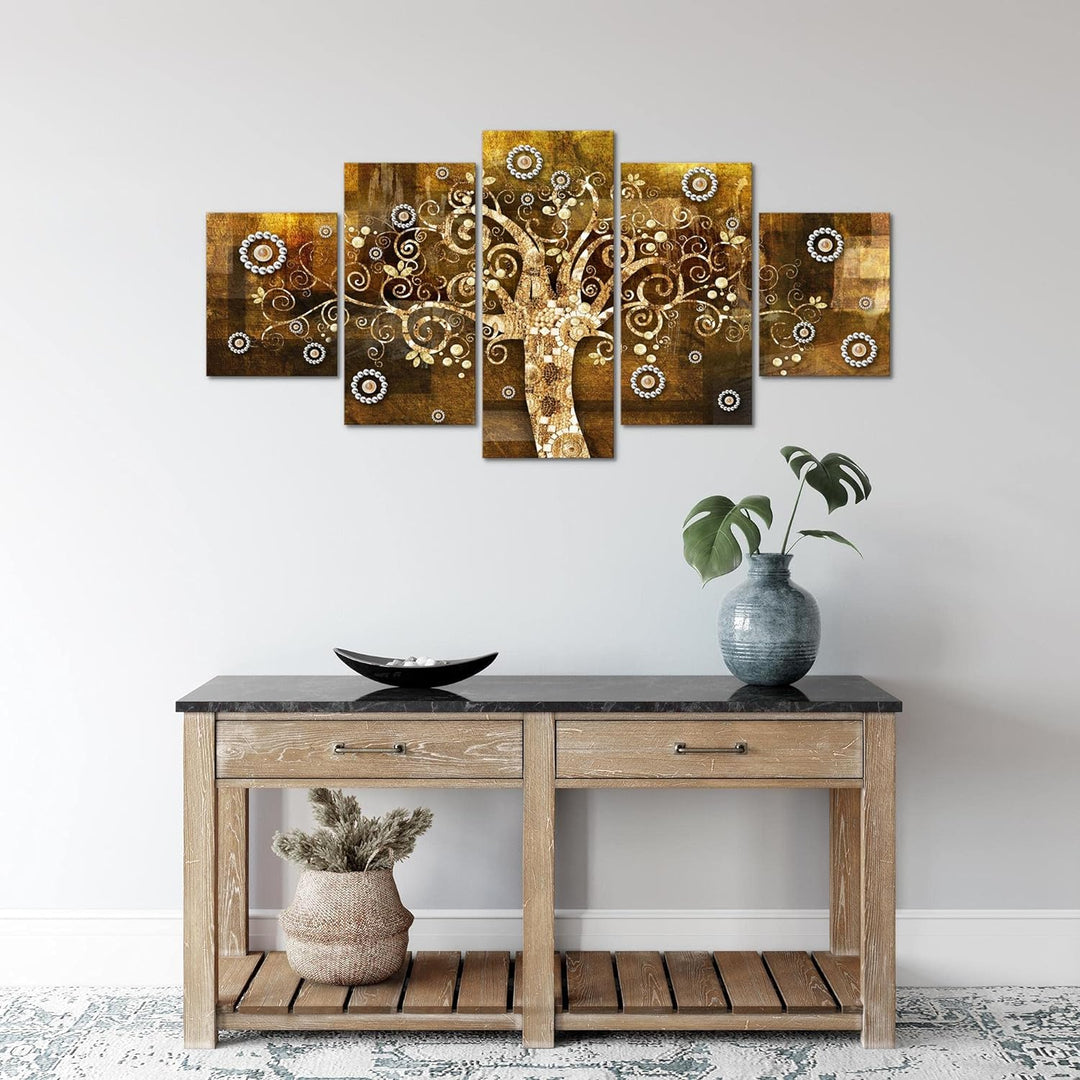 Runa Art Wandbilder Gustav Klimt Baum des Lebens 5 Teilig Bild auf Vlies Leinwand Deko Wohnzimmer Sc
