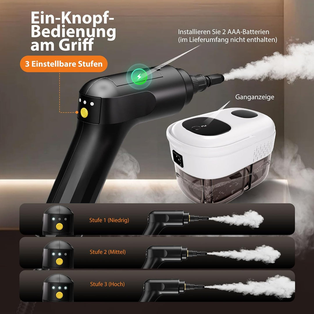 Dampfreiniger Handgerät, Dampfreiniger für Alles, 15s Aufheizzeit, 3-stufig einstellbarer, 1,4L Tank