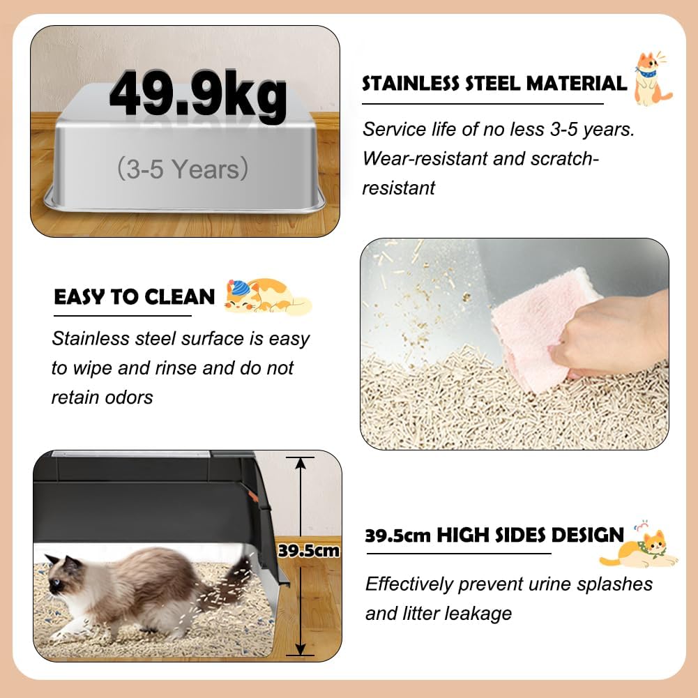 Vivifying Katzenklo Edelstahl mit Deckel, XXL Leicht zu Reinigen und Geruchsresistent Katzentoilette