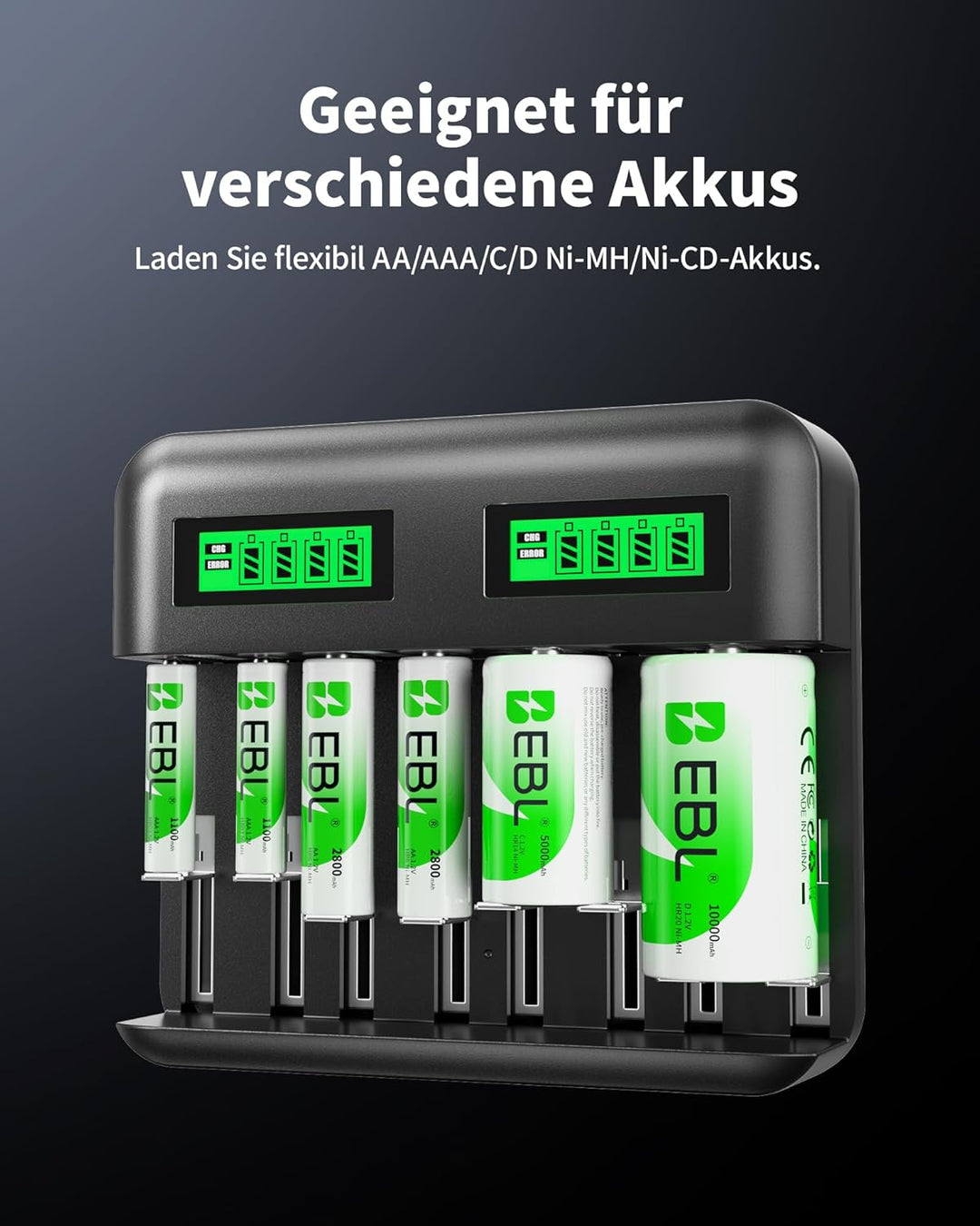 EBL Akku ladegerät inkl. 4X C 5000mAh für AA AAA C D NI-MH Akkus Type C Input Schnell ladegerät, LCD