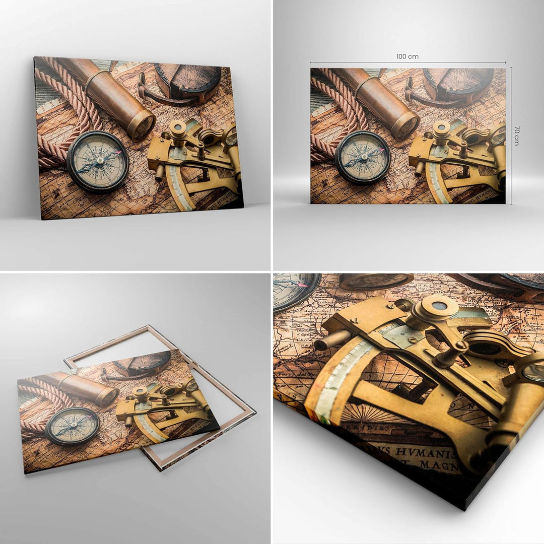 ARTTOR Bilder auf Leinwand 100x70cm Leinwandbild Kompass Kompass Karte Gross Wanddeko Bild Schlafzim