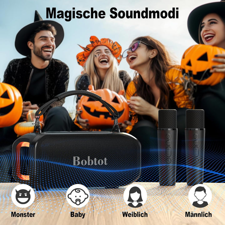 Bobtot Tragbarer Lautsprecher mit 2 kabellosen Mikrofonen Outdoor-Lautsprecher IPX5 wasserdichter La