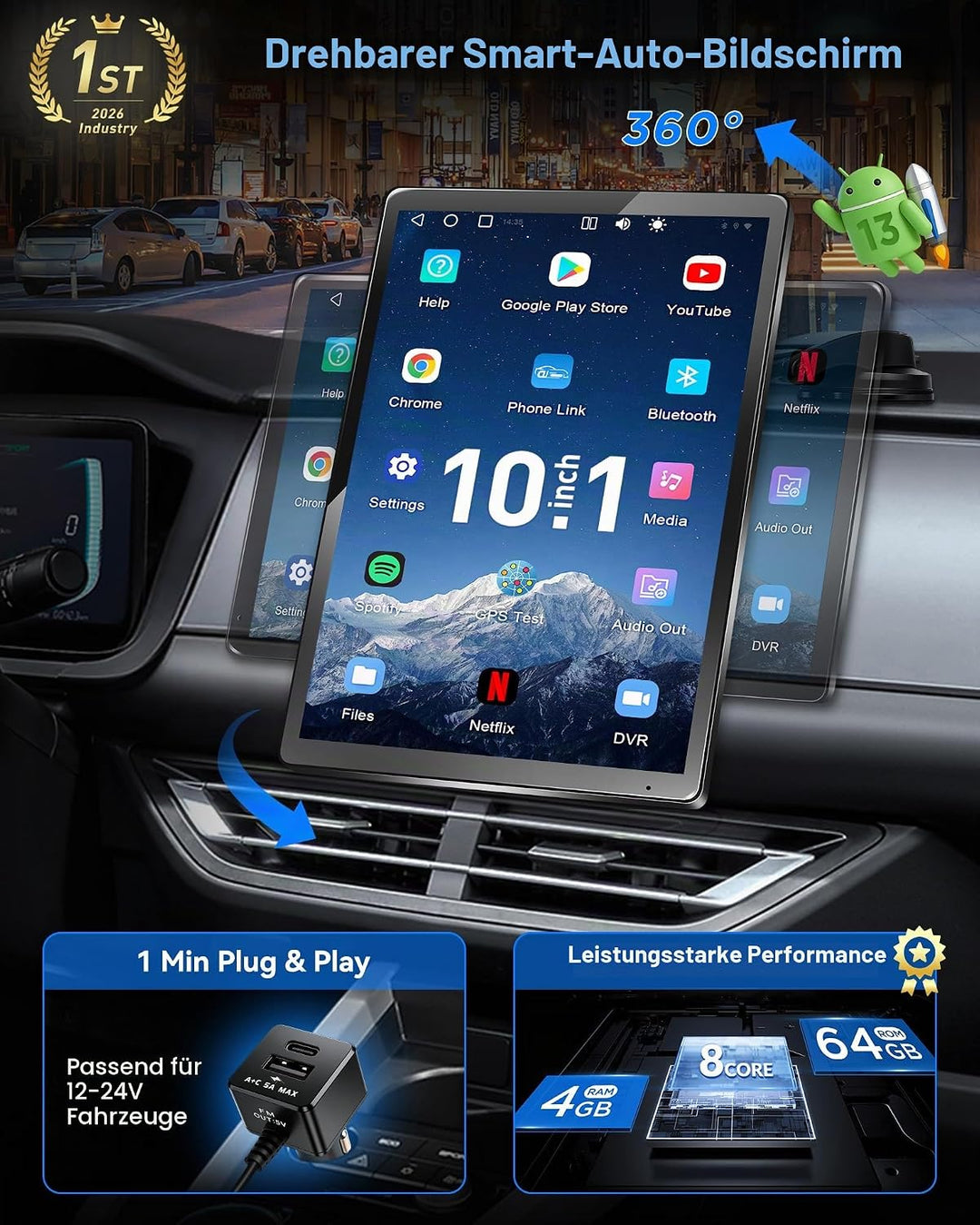 URVOLAX 10,1" Drehbares Apple CarPlay: Android 13 Wireless Android Auto Display mit Google Play - Ma