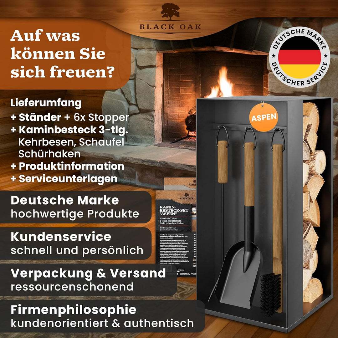 BLACK OAK Kaminbesteck ASPEN 4-teilig - praktisches & repräsentatives Ofenbesteck Set schwarz mit Ho