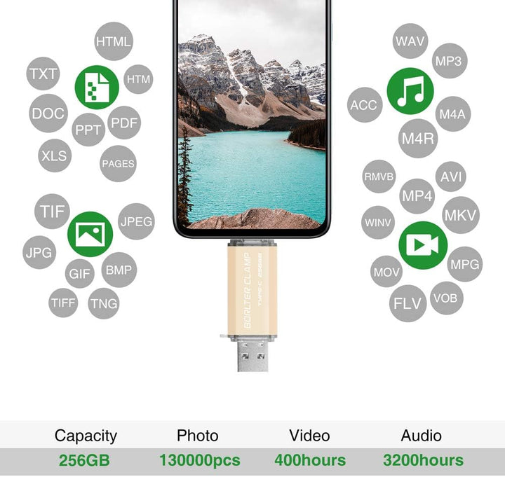 BORLTER CLAMP Type C USB-Stick 256GB OTG 2 in 1 Speicherstick Dual-Port USB 3.0 Flash-Laufwerk mit U