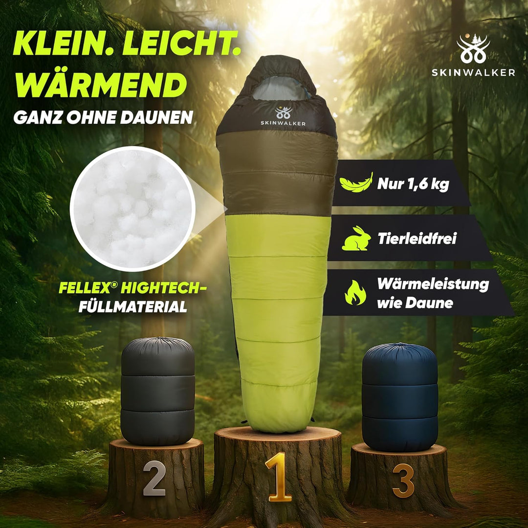 SKINWALKER Schlafsack 3-4 Jahreszeiten mit [abnehmbaren Innenfleece] [Kleines Packmass & Ultraleicht