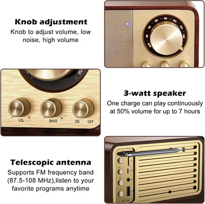 Retro Radio, Nostalgie Radio, Radio mit Bluetooth, Bluetooth Radio, 5W Lautsprecher, mit 1800mAh Akk