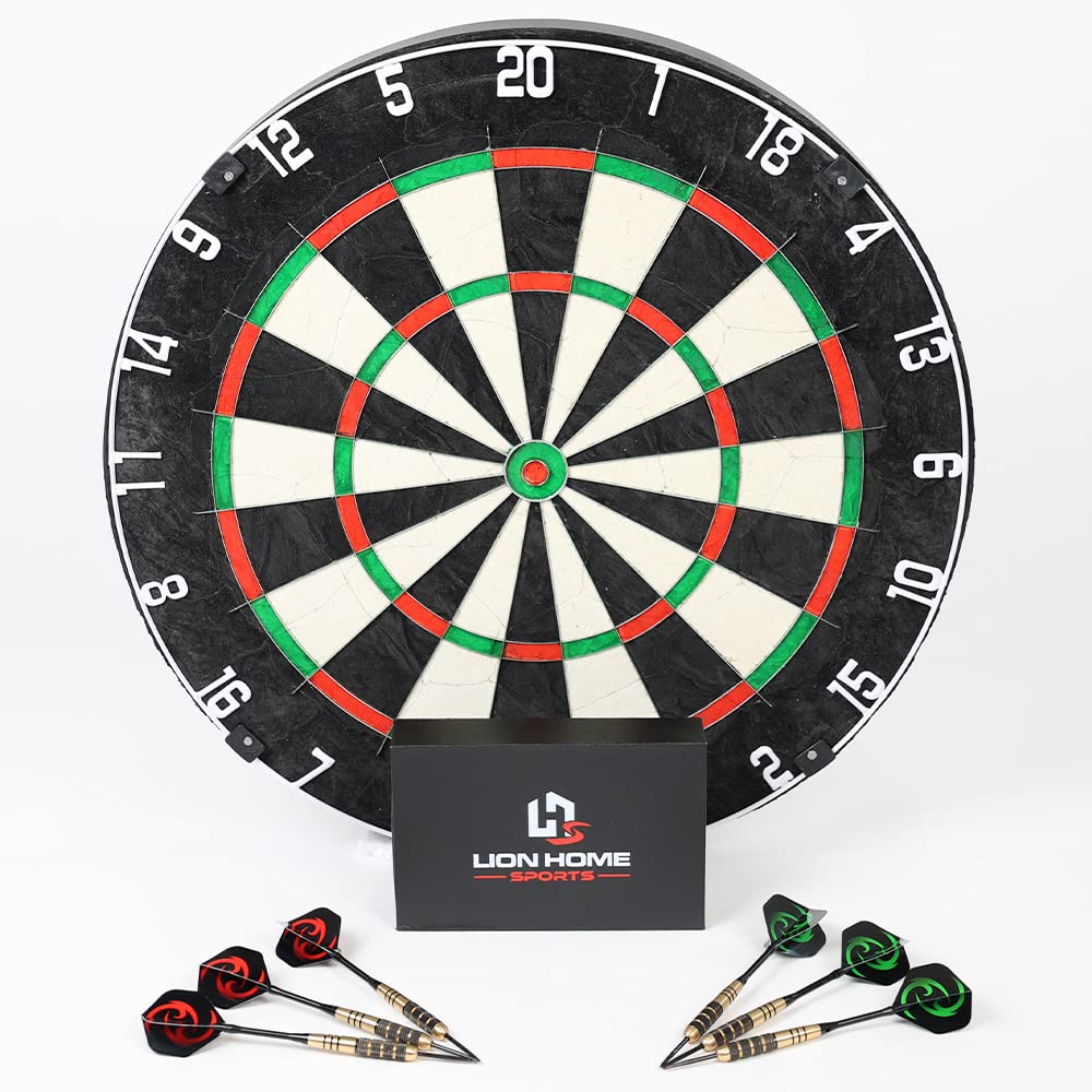 LION HOME SPORTS Hochwertige Sisal Steeldartscheibe | Mit Aufhänger &amp; 6 Dartpfeilen, sowie Aufbewahr