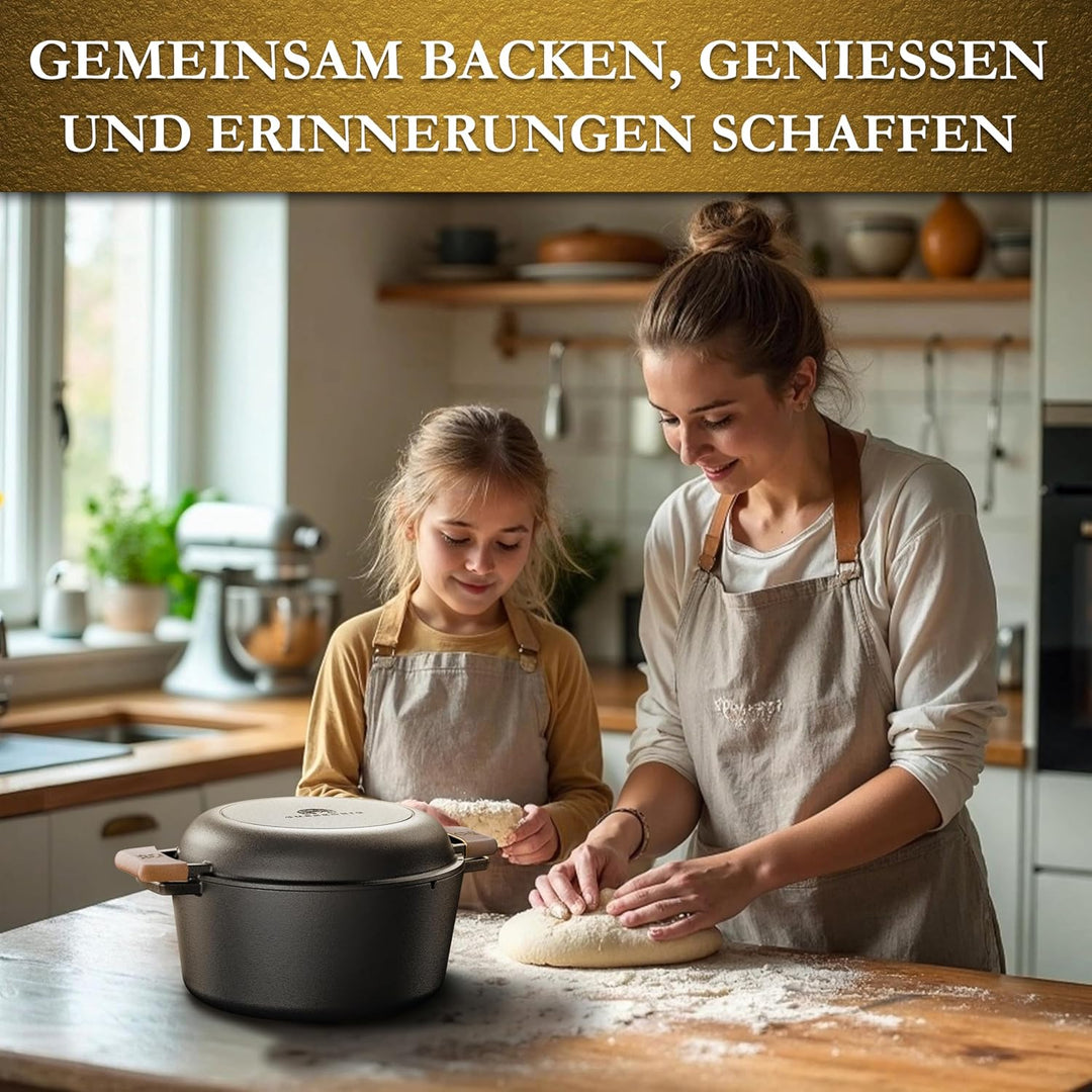 2-in-1 Gusseisen Brotbackform mit Gärkörbchen – eingebrannter Gusseisentopf zum Brotbacken 4,8 L & G