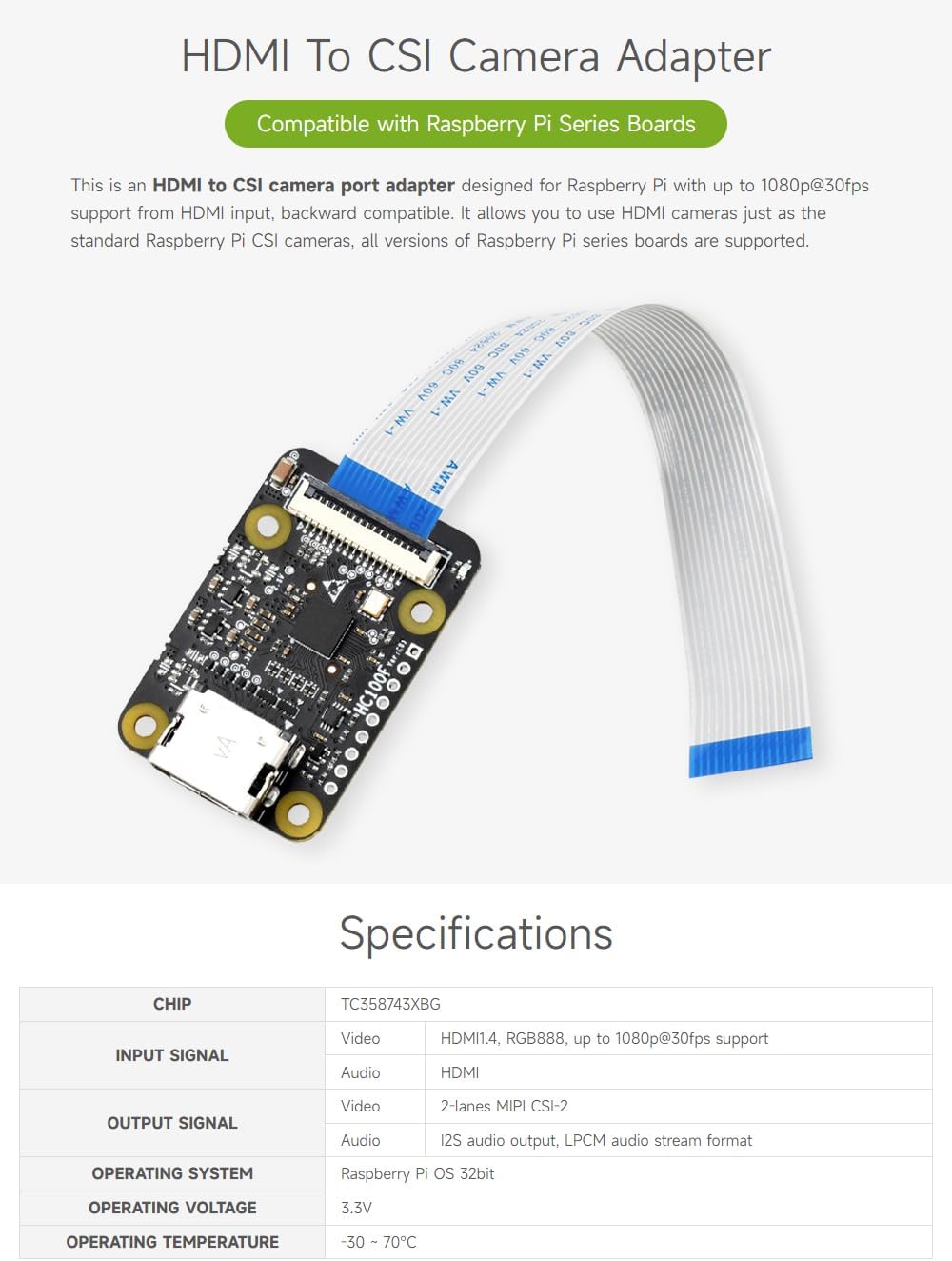 Waveshare HDMI to CSI Adapter for Raspberry Pi Series Support 1080p@30fps Support from HDMI Input Ba