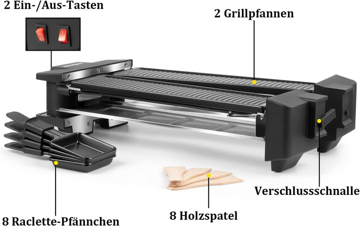 CUSIMAX Raclette Grill, Drehbarer Raclette mit 2 Separaten Grillplatten, 1400W Raclette für 8 Person