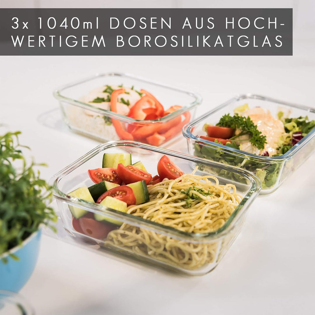 GLASWERK Meal Prep Boxen (3x 1040 ml) mit einer Kammer, Glasbehälter mit Deckel, Frischhaltedosen mi