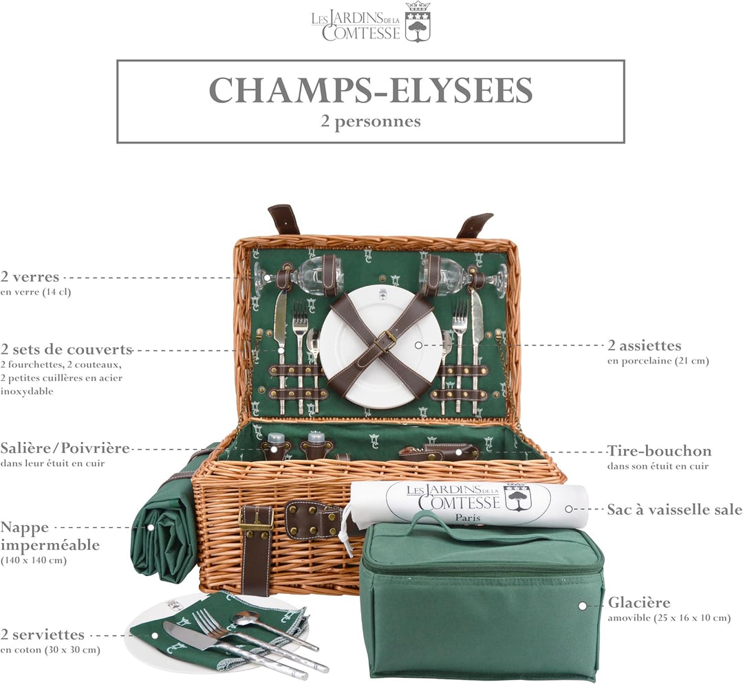 Les Jardins de la Comtesse - Picknickkorb Champs-Elysées aus Weidengeflecht und echtem Leder - Dunke