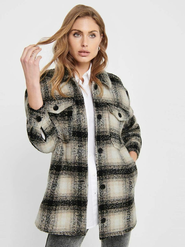 ONLY Female Lange Hemdjacke ONLALLISON Lange Hemdjacke XS Pumice Stone/Checks:black, XS Pumice Stone