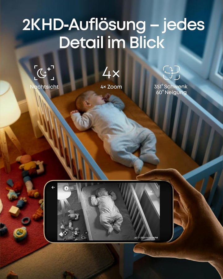 eufy Babyphone C10 mit 2KHDKamera, 4,5"Display, Schwenk‑Neige‑Funktion, 4×Zoom, Nachtsicht, HybridWL