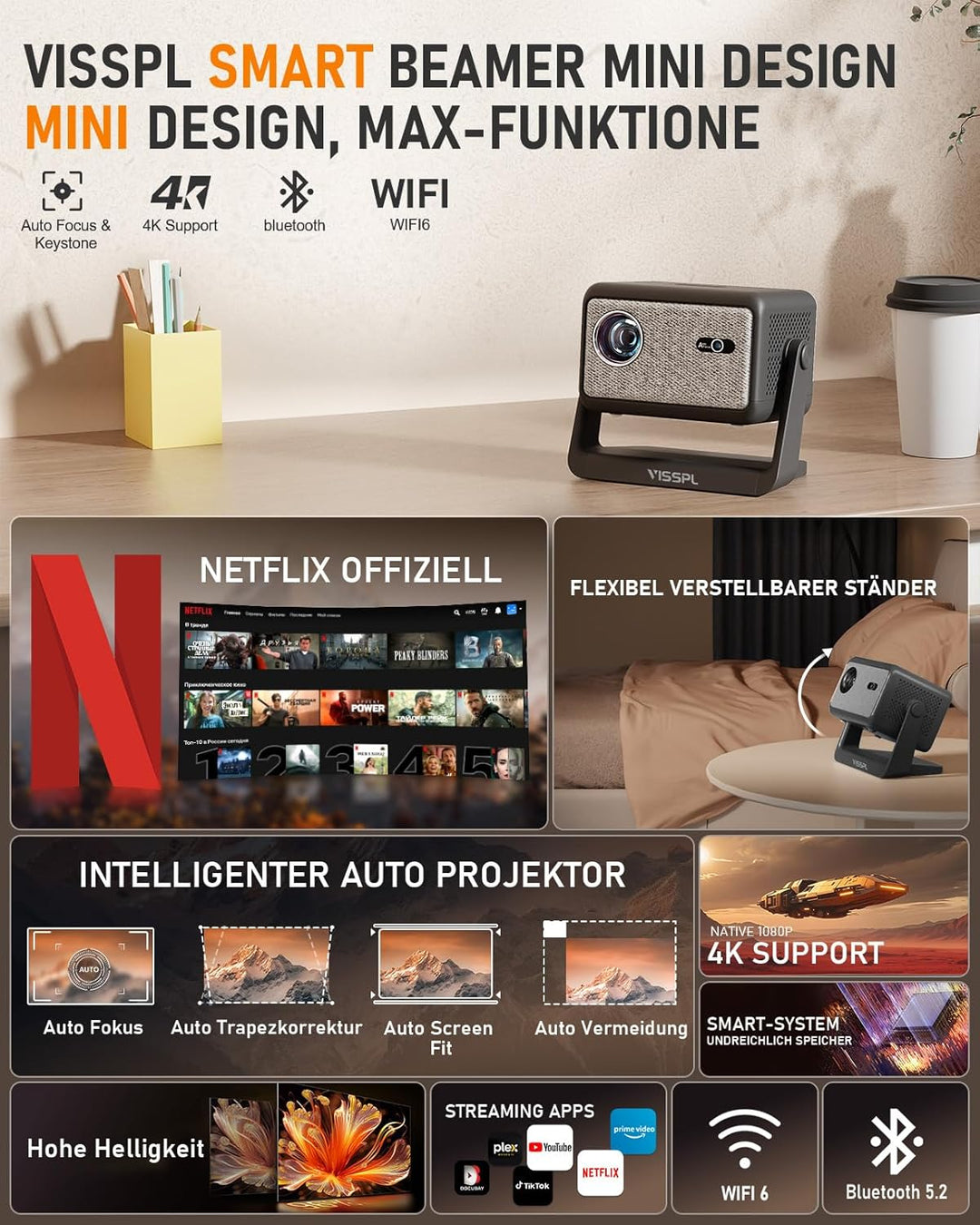 Smart Mini Beamer 【Netflix Offiziell ＆ Autofokus / 6D Trapezkorrektur 】 28000L WiFi6 Bluetooth Beame