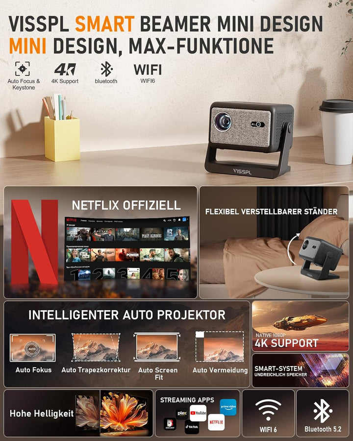 Smart Mini Beamer 【Netflix Offiziell ＆ Autofokus / 6D Trapezkorrektur 】 28000L WiFi6 Bluetooth Beame