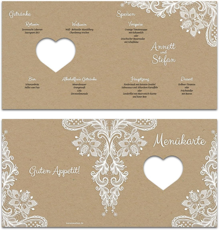 Lasergeschnittene Hochzeit Menükarten (10 Stück) Speisekarte Getränkekarte - Rustikal Kraftpapier, 1