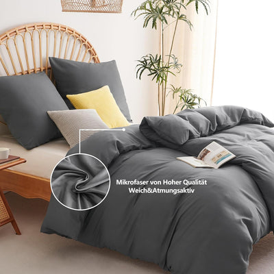 WAVVE Bettwäsche 135x200 4teilig Anthrazit - Bettbezüge 135 x 200 2er Set mit Kissenbezüge 80x80 cm,