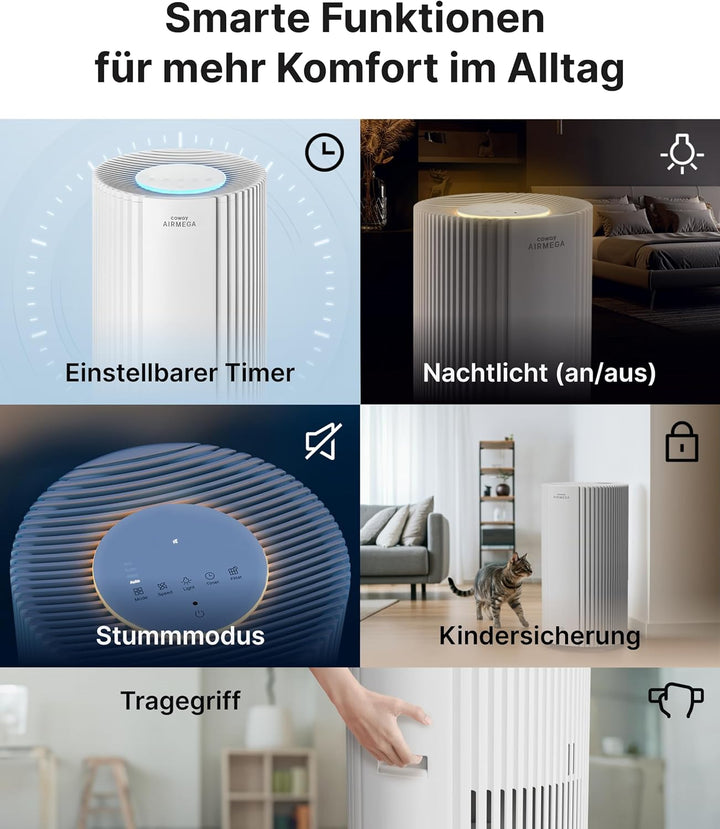 COWAY Luftreiniger für grosse Räume, CADR 713m³/h, reinigt 148m² in 30Min., HEPA Filter gegen Rauch,