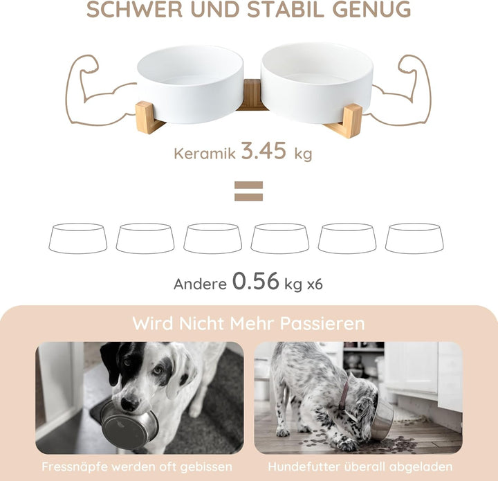 SPUNKYJUNKY Hundenapf Keramik Doppel Hund Futternapf mit Bambus Ständer für Grosse Hunde (1800ml, We