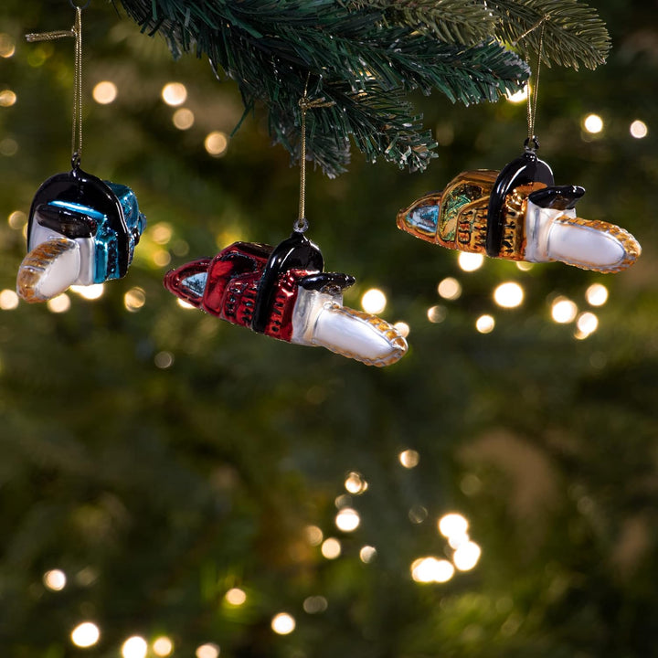 com-four® 3X Premium Christbaumschmuck - Deko-Kettensäge aus echtem Glas - besondere Baumkugeln als