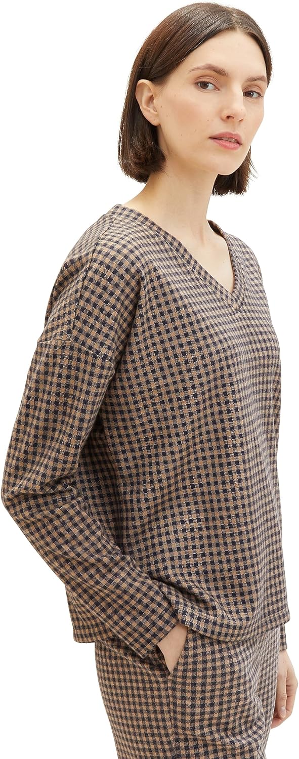 TOM TAILOR Damen Sweatshirt mit Knopfdetail & Karomuster XXS 32409-navy Blush Check Ck, XXS 32409-na