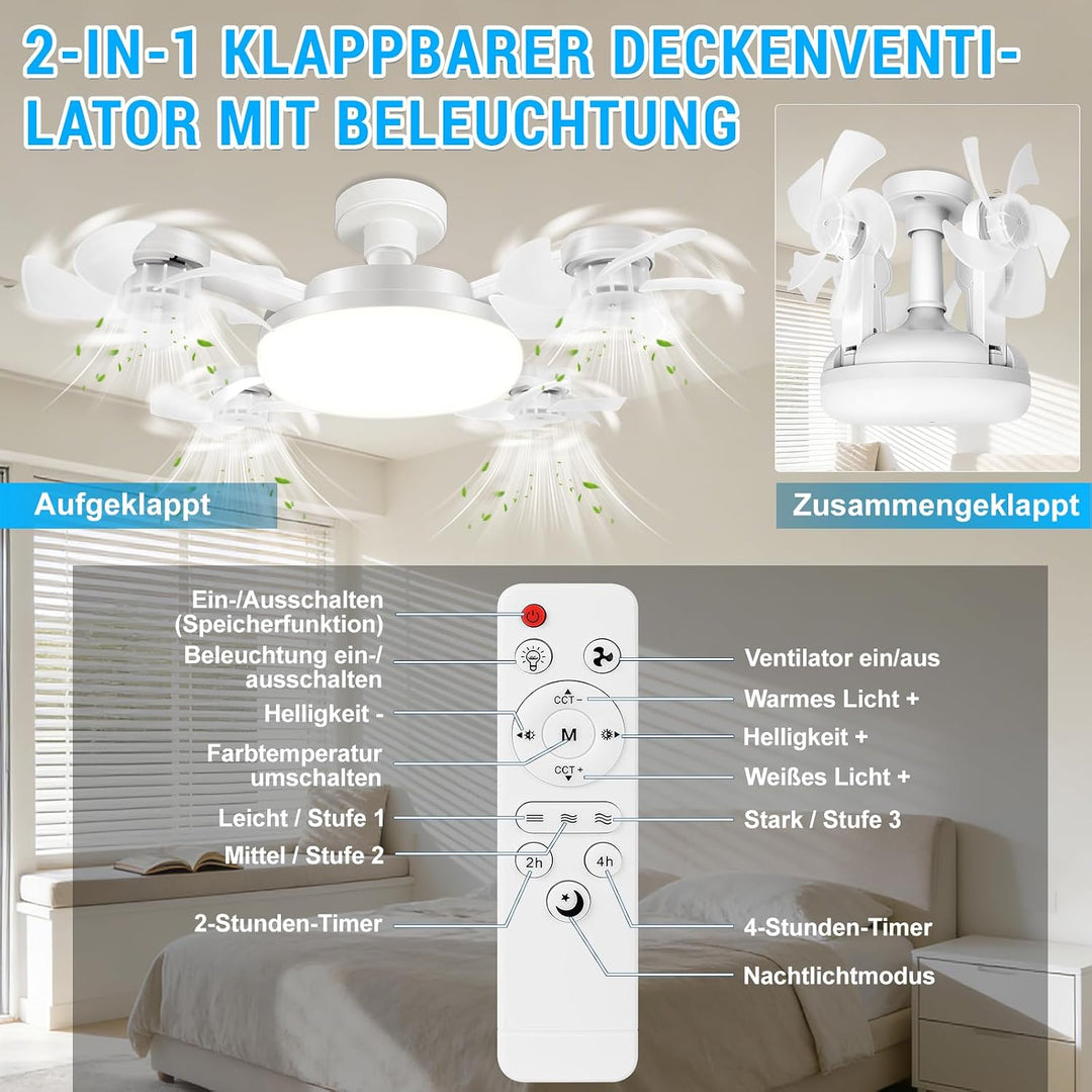 Deckenventilator mit Beleuchtung, 50CM Faltbarer Lampe mit Ventilator, Timer- und Speicherfunktion,