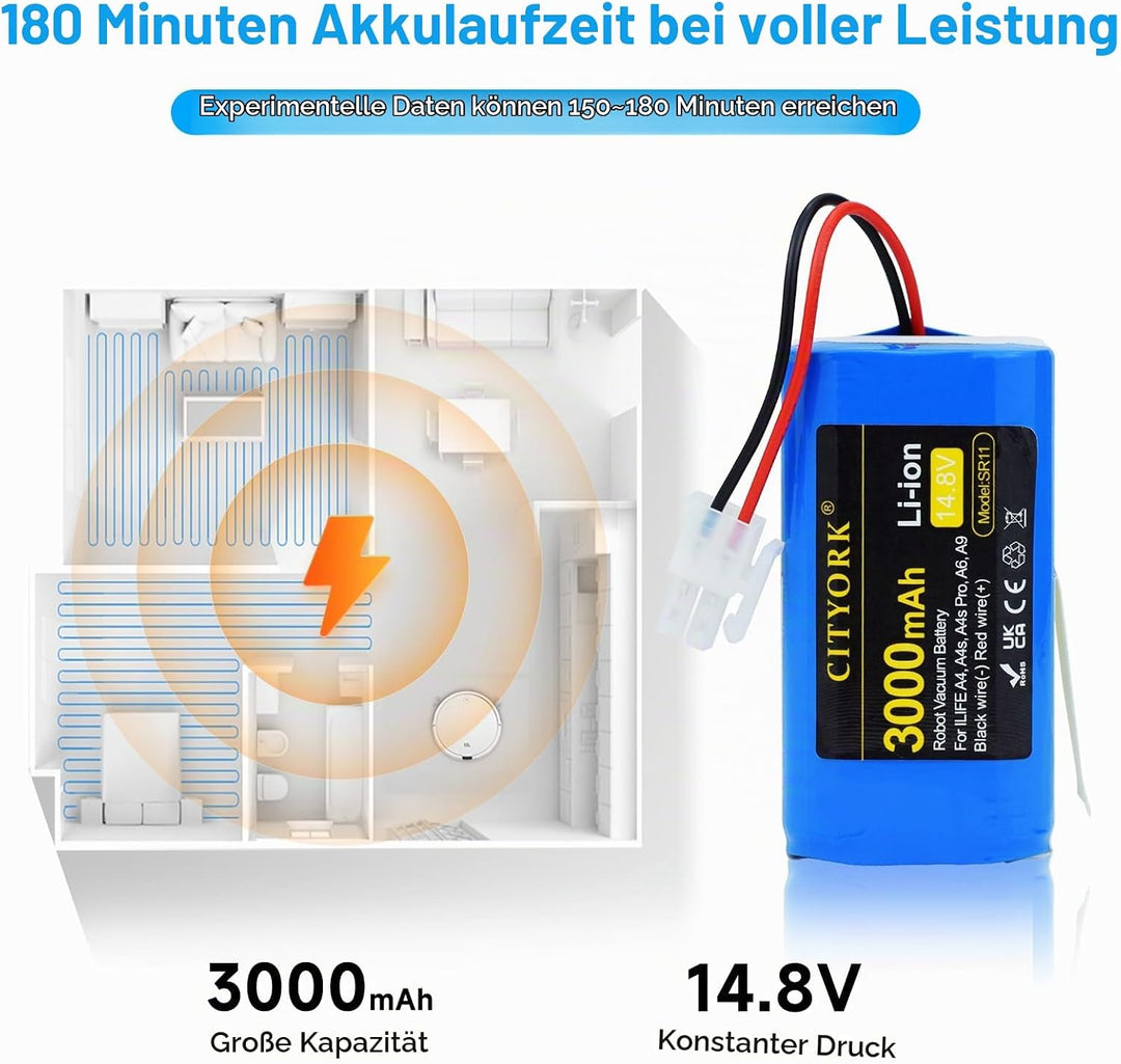 CITYORK 3000mAh Akku für Zaco iLifeA4, A4s, A4s Pro, V7, V7S, V7 Plus/Pro, A6, A7, A8, A9, A10, A10